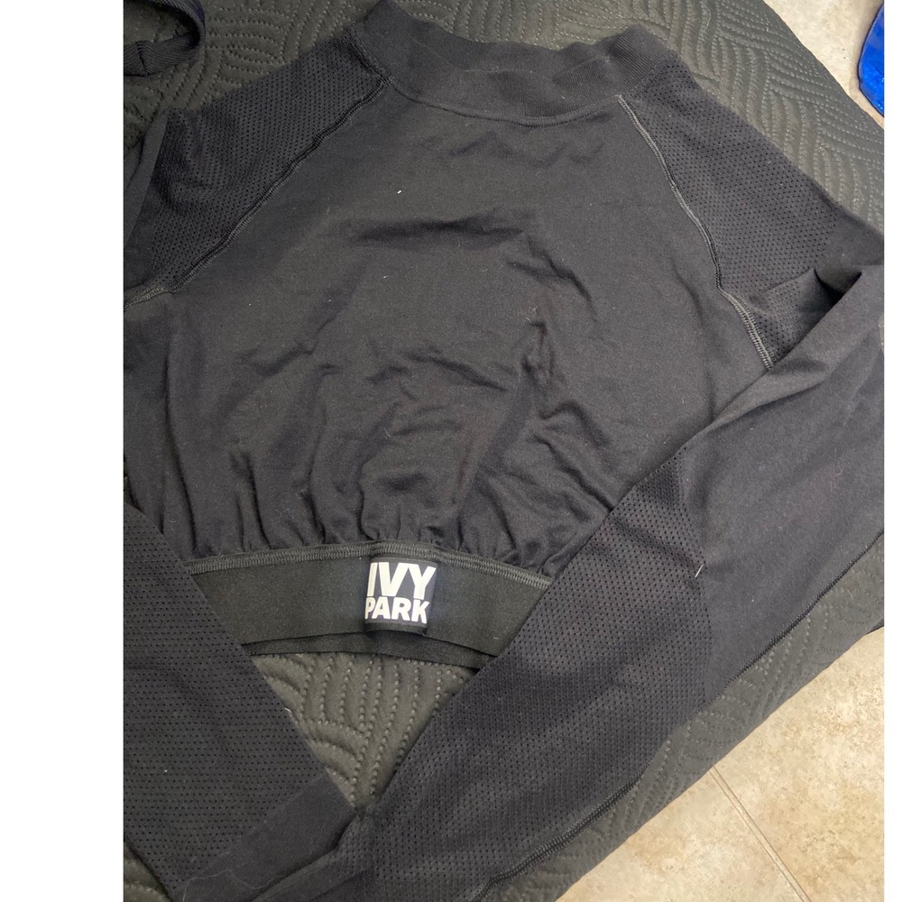 Ivy Park Womens Black Cropped Long Sleeve Top Mesh Detail Mock Neck Size L/XL